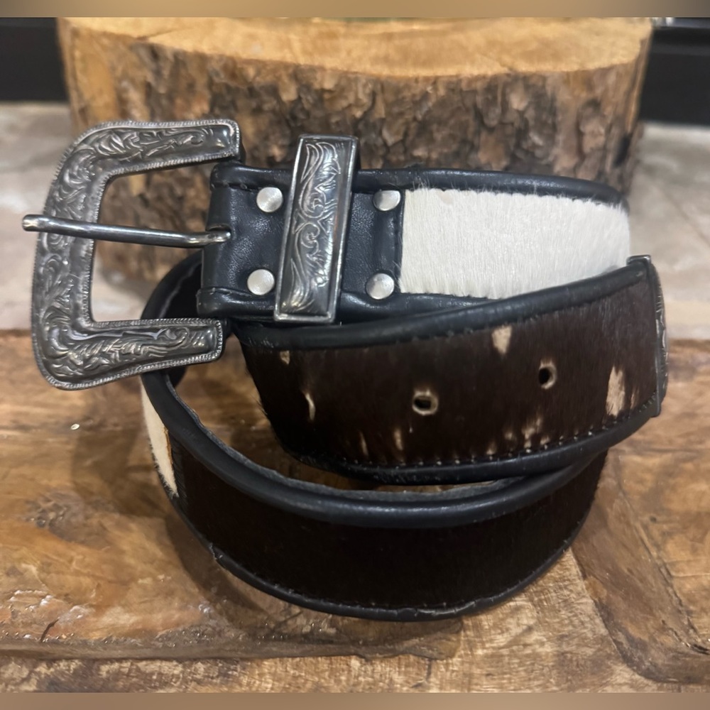 Black and White cowhide  Leather Belt with Silver Buckle